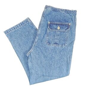 VTG Bill Blass Jean Women PL Blue Denim Elastic Waist Drawstring Utility Pockets
